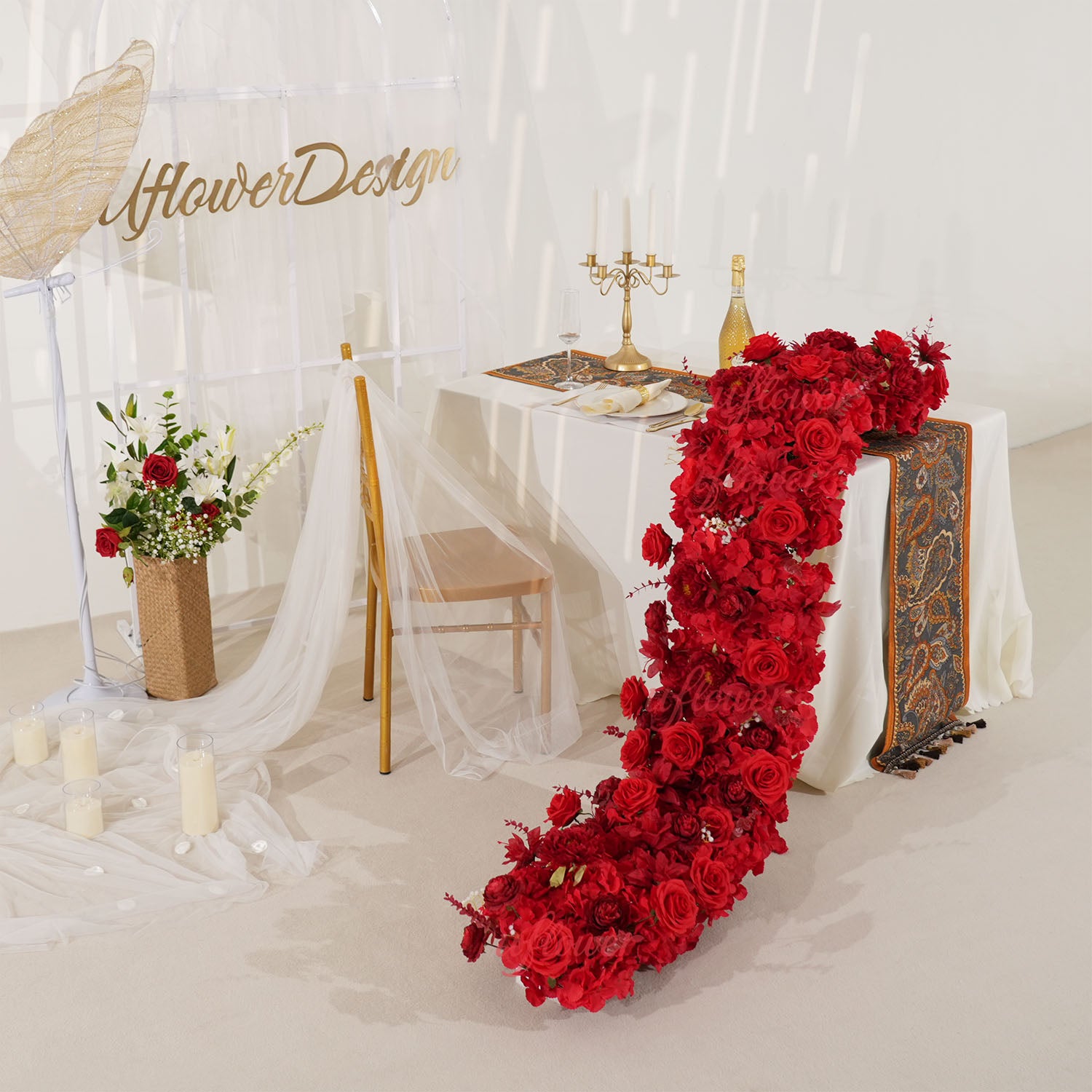 Uflower Artificial Red Rose Flower Row Wedding KT Backdrop Decor